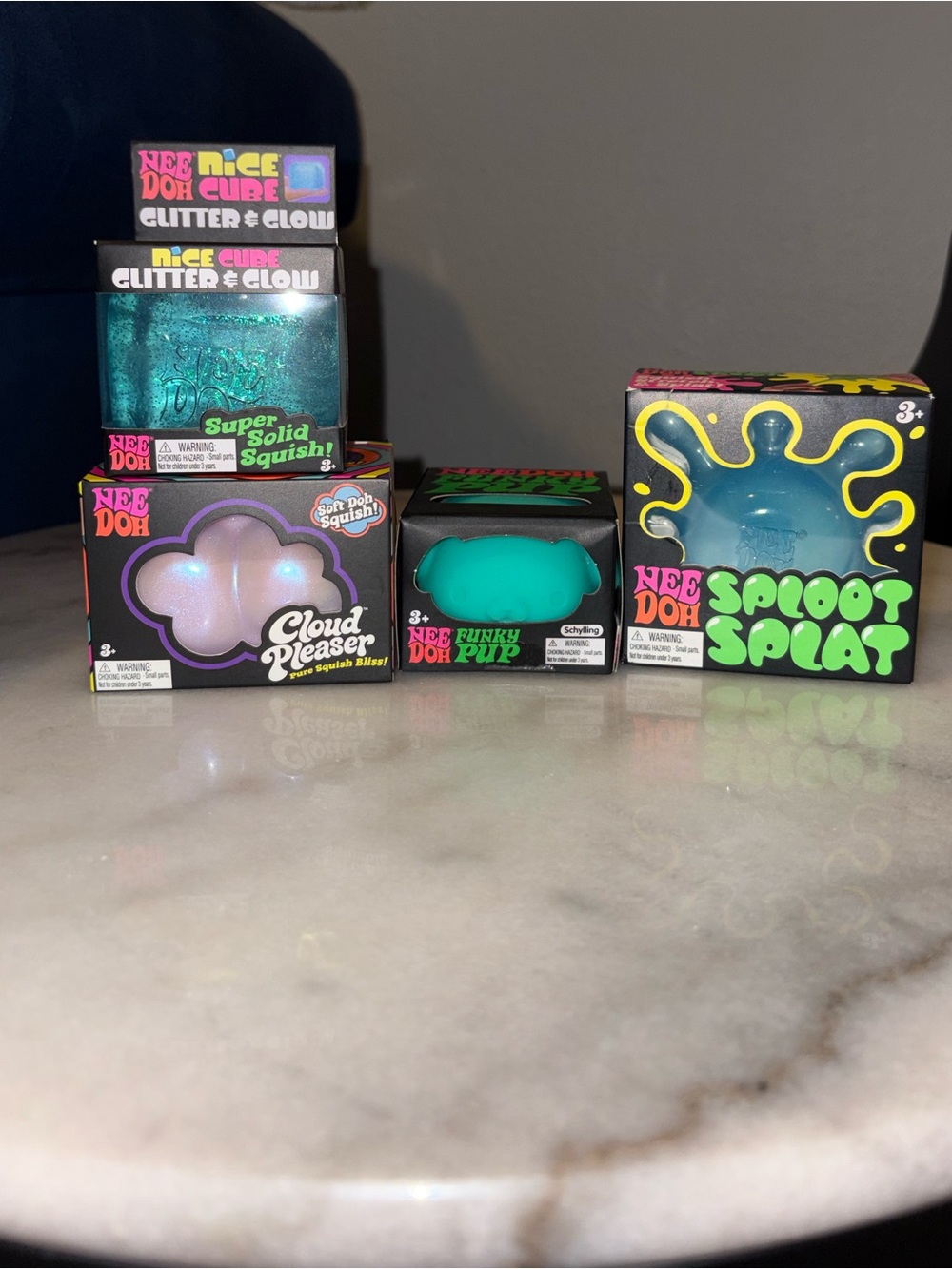 Needoh Set of 4 - Cloud, Sploot splat, Funky pup, Glitter and glow